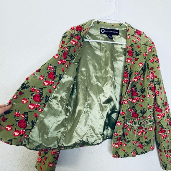 Outer Edge Boho Green Floral Corduroy Button Front Blazer Jacket Medium - Picture 6 of 7